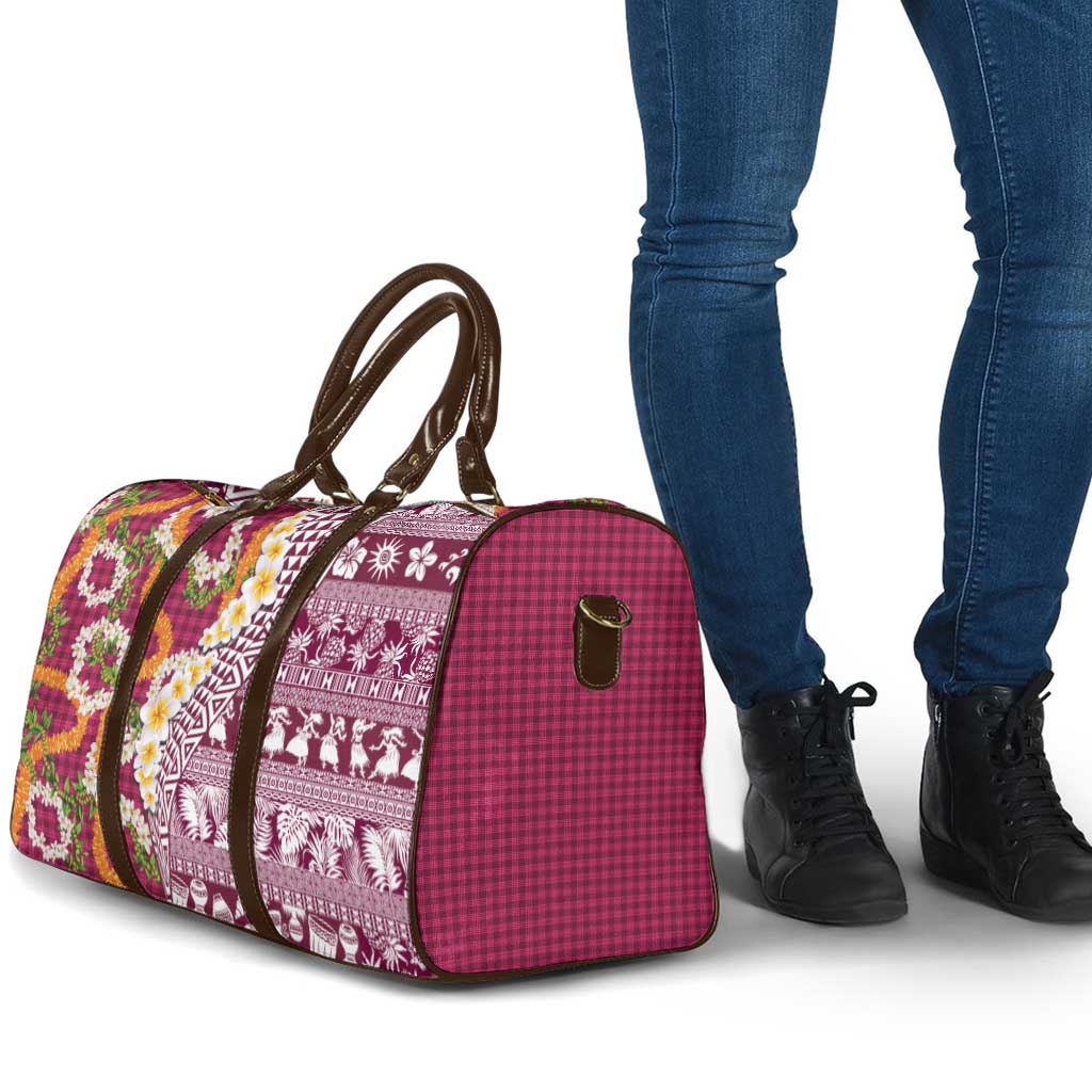 Hawaiian Plumeria Lei Travel Bag Kakau Motifs and Palaka Half Style Pink Color LT03 - Polynesian Pride