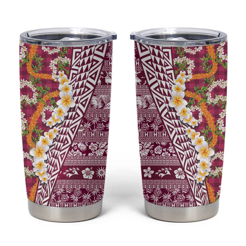 Hawaiian Plumeria Lei Tumbler Cup Kakau Motifs and Palaka Half Style Pink Color LT03 Pink - Polynesian Pride