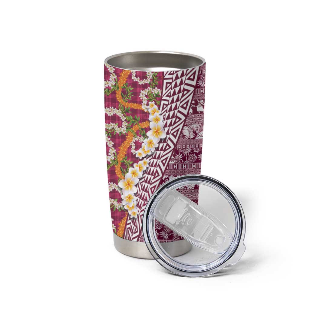 Hawaiian Plumeria Lei Tumbler Cup Kakau Motifs and Palaka Half Style Pink Color LT03 - Polynesian Pride