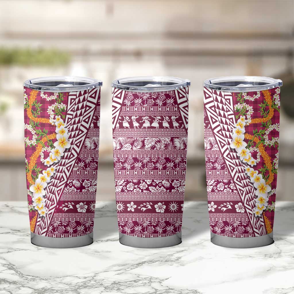 Hawaiian Plumeria Lei Tumbler Cup Kakau Motifs and Palaka Half Style Pink Color LT03 - Polynesian Pride