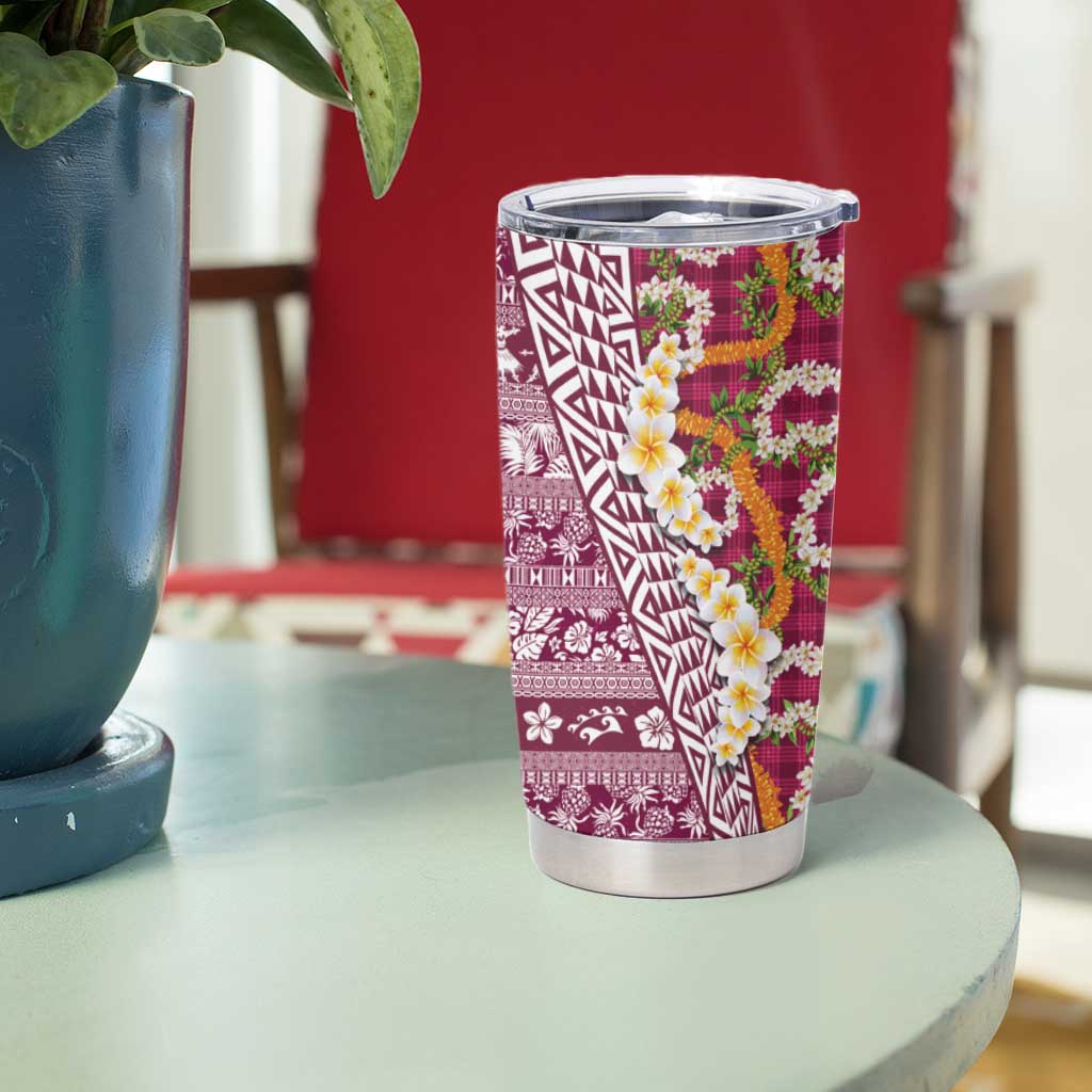 Hawaiian Plumeria Lei Tumbler Cup Kakau Motifs and Palaka Half Style Pink Color LT03 - Polynesian Pride