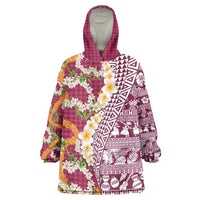Hawaiian Plumeria Lei Wearable Blanket Hoodie Kakau Motifs and Palaka Half Style Pink Color LT03 One Size Pink - Polynesian Pride