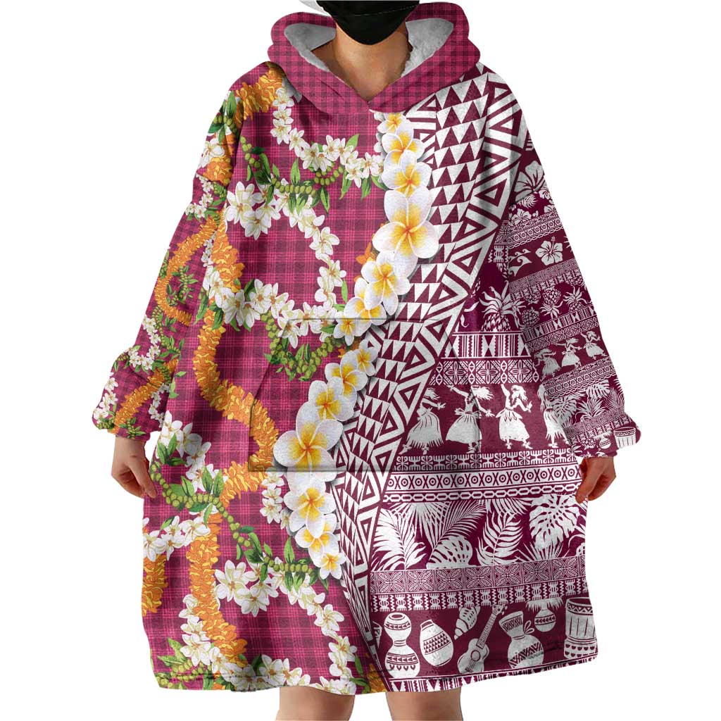Hawaiian Plumeria Lei Wearable Blanket Hoodie Kakau Motifs and Palaka Half Style Pink Color LT03 - Polynesian Pride