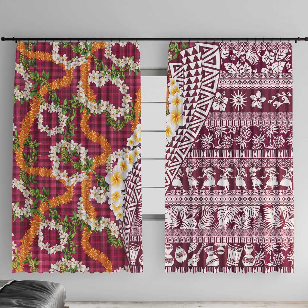 Hawaiian Plumeria Lei Window Curtain Kakau Motifs and Palaka Half Style Pink Color LT03 With Hooks Pink - Polynesian Pride