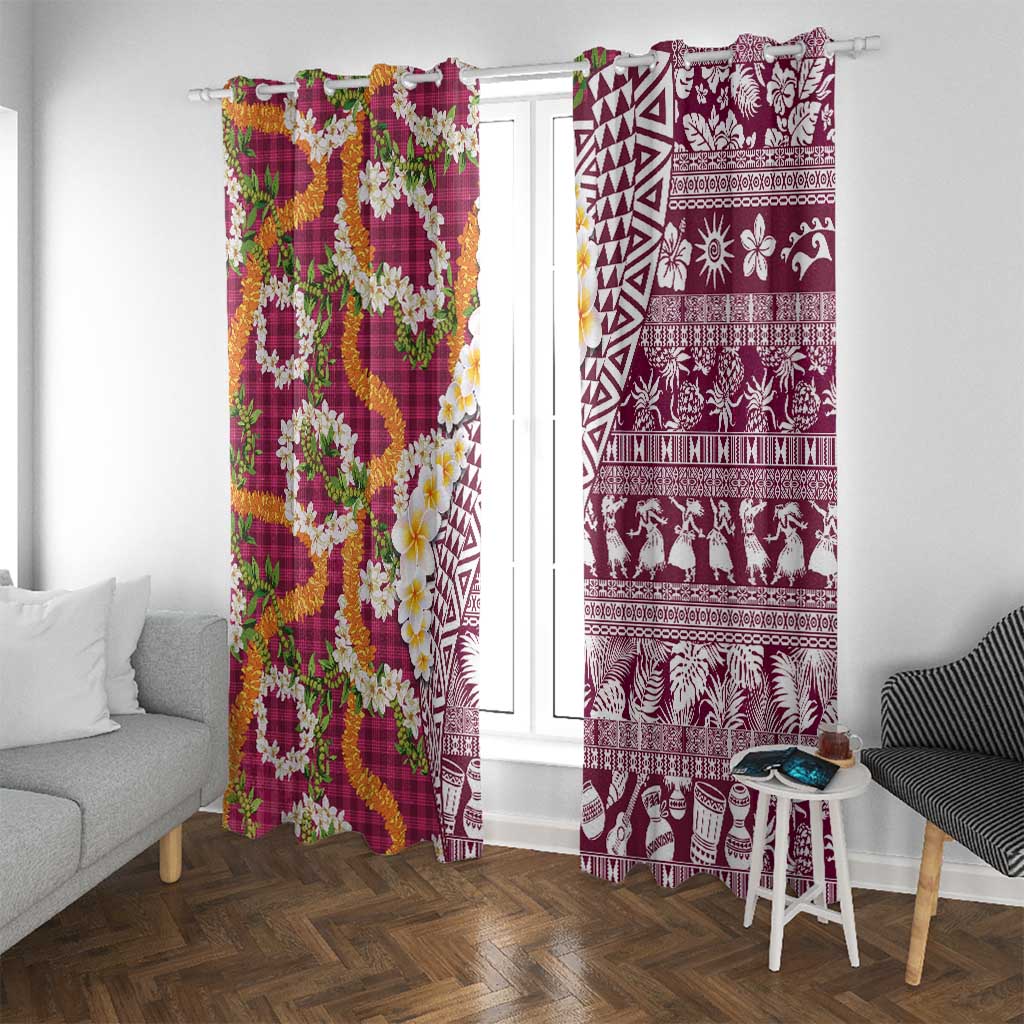 Hawaiian Plumeria Lei Window Curtain Kakau Motifs and Palaka Half Style Pink Color LT03 With Grommets Pink - Polynesian Pride