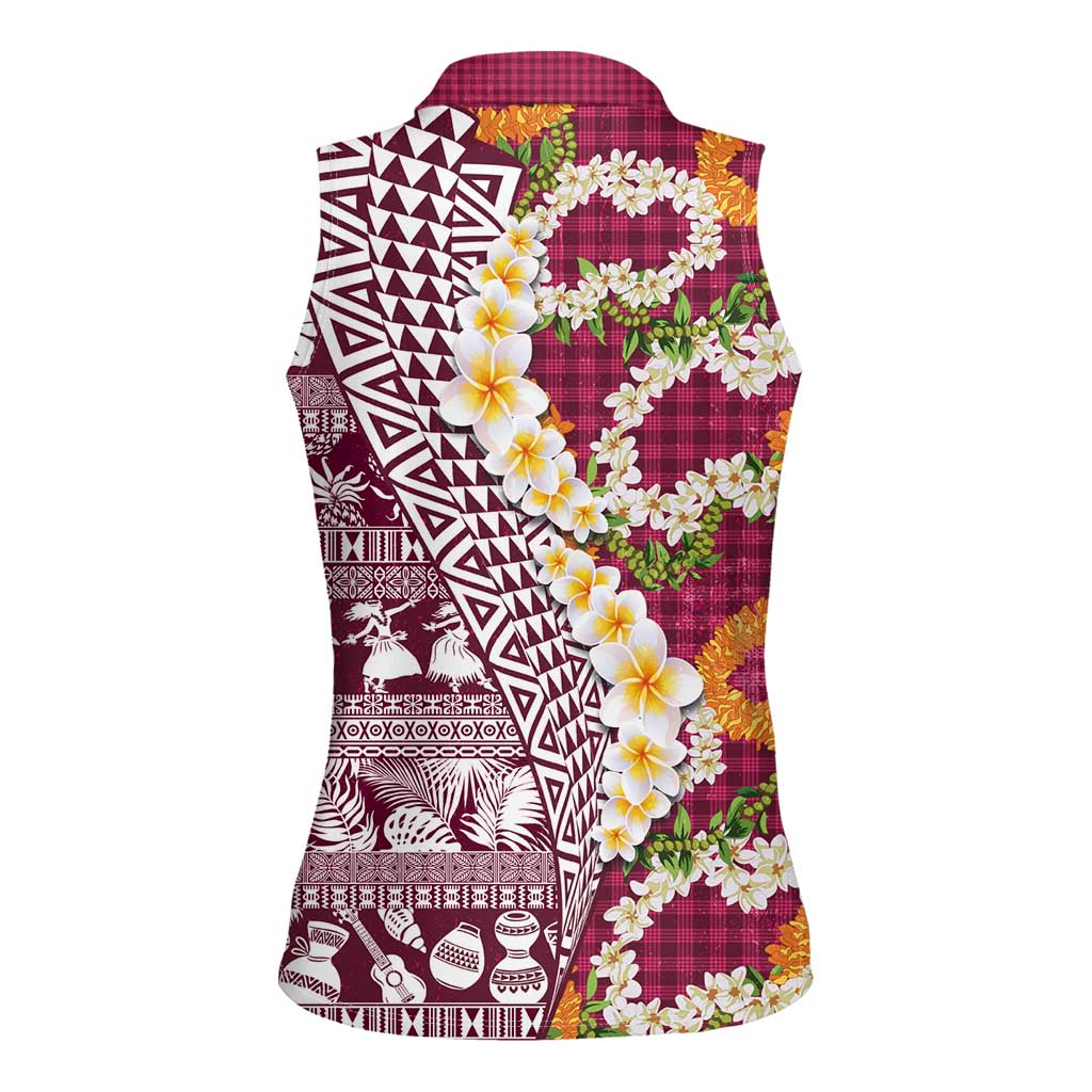 Hawaiian Plumeria Lei Women Sleeveless Polo Shirt Kakau Motifs and Palaka Half Style Pink Color LT03 - Polynesian Pride