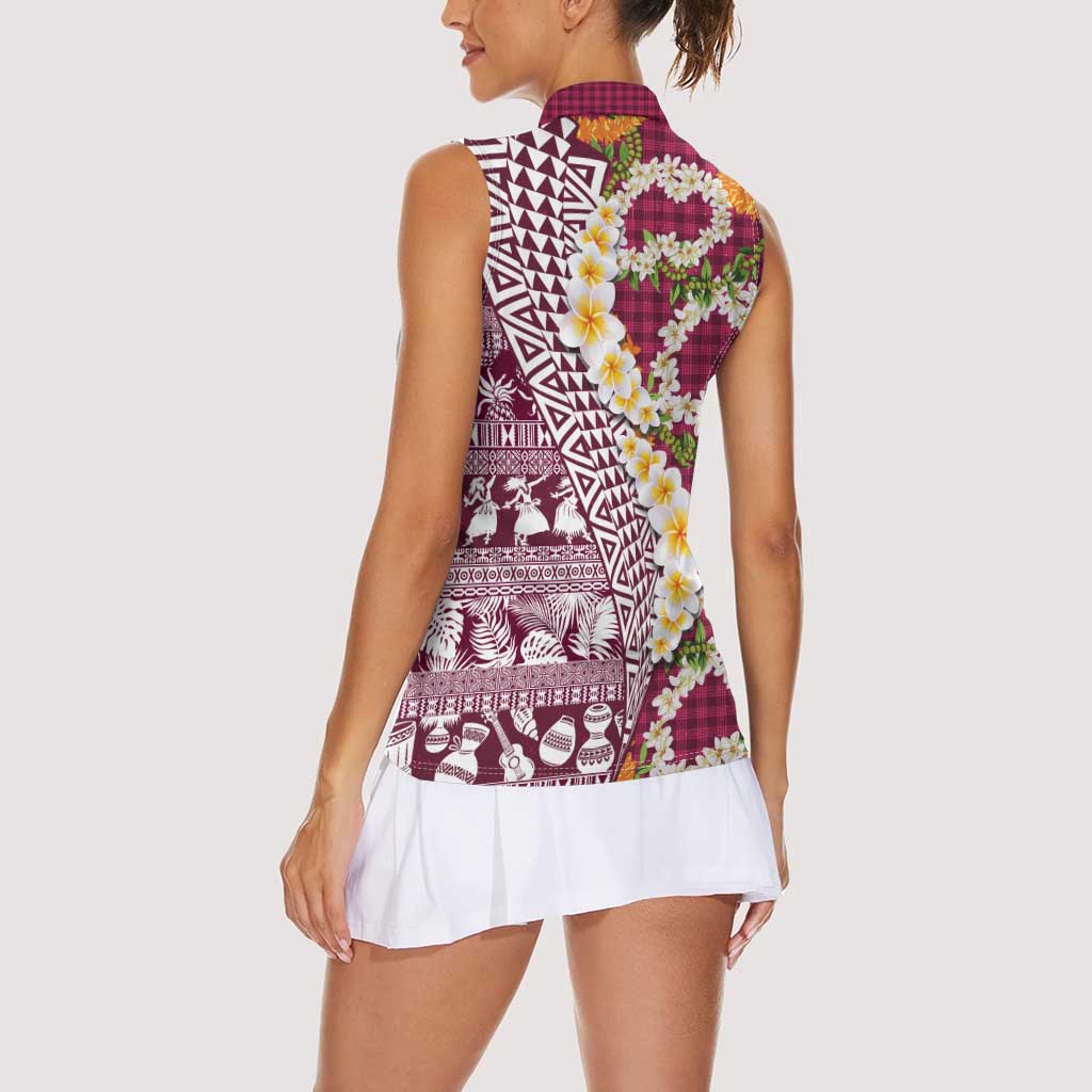 Hawaiian Plumeria Lei Women Sleeveless Polo Shirt Kakau Motifs and Palaka Half Style Pink Color LT03 - Polynesian Pride