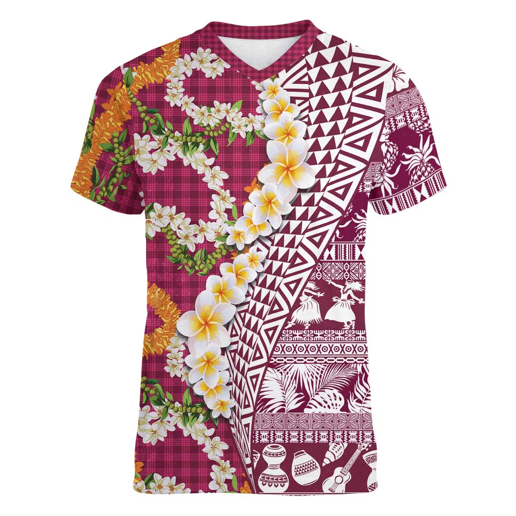 Hawaiian Plumeria Lei Women V-Neck T-Shirt Kakau Motifs and Palaka Half Style Pink Color LT03 Female Pink - Polynesian Pride