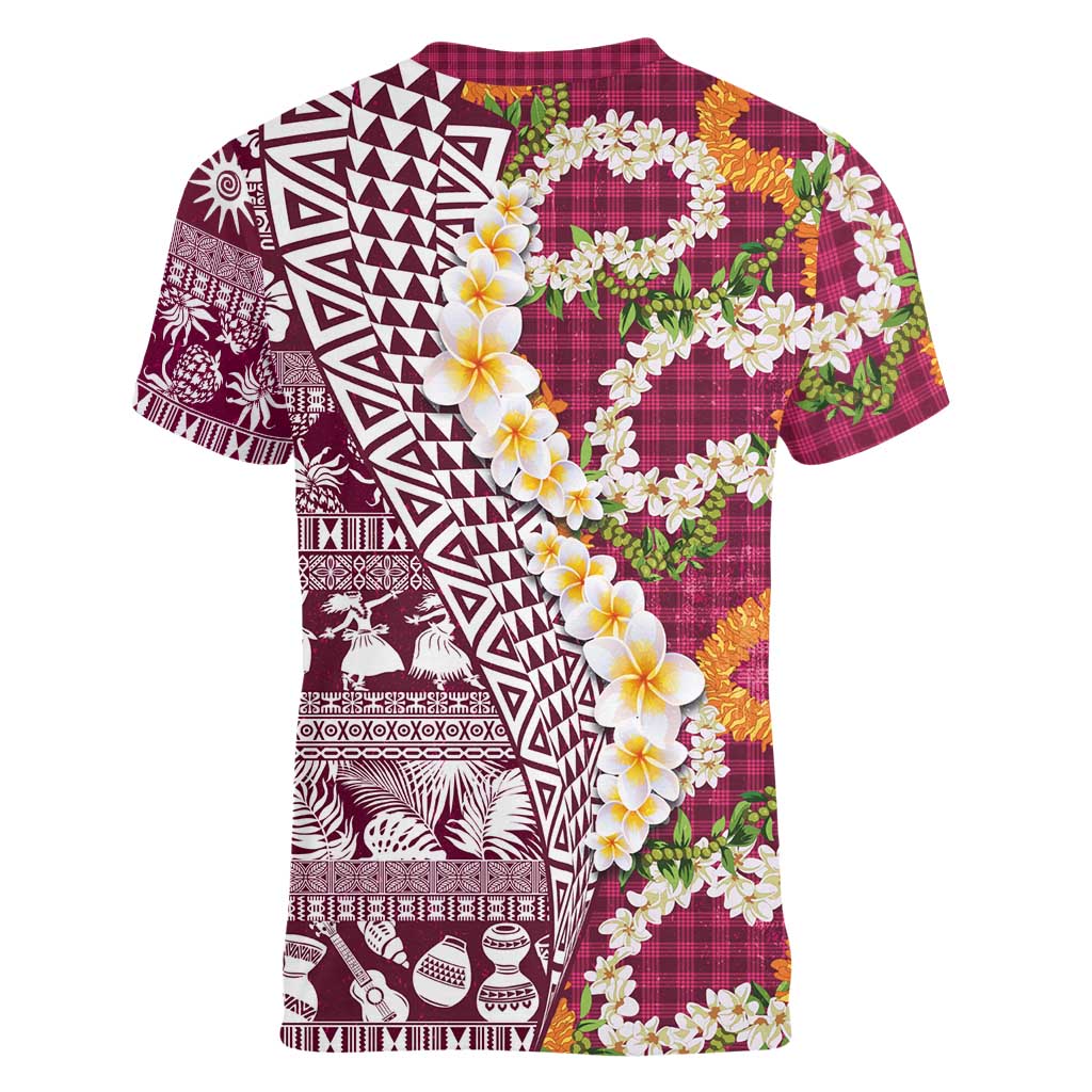 Hawaiian Plumeria Lei Women V-Neck T-Shirt Kakau Motifs and Palaka Half Style Pink Color LT03 - Polynesian Pride