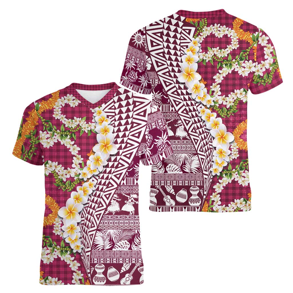 Hawaiian Plumeria Lei Women V-Neck T-Shirt Kakau Motifs and Palaka Half Style Pink Color LT03 - Polynesian Pride