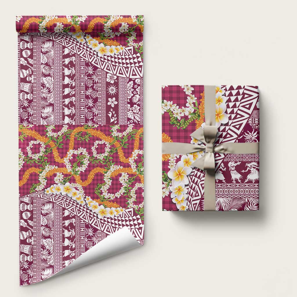 Hawaiian Plumeria Lei Wrapping Paper Kakau Motifs and Palaka Half Style Pink Color LT03 58" × 23" Pink - Polynesian Pride