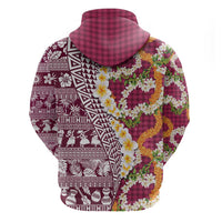 Hawaiian Plumeria Lei Zip Hoodie Kakau Motifs and Palaka Half Style Pink Color LT03 - Polynesian Pride
