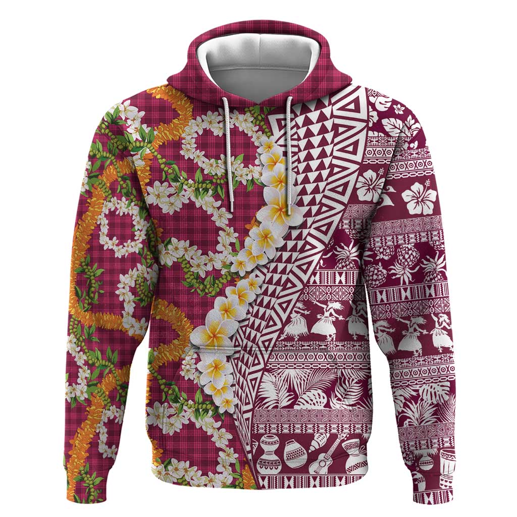 Hawaiian Plumeria Lei Zip Hoodie Kakau Motifs and Palaka Half Style Pink Color LT03 Pullover Hoodie Pink - Polynesian Pride