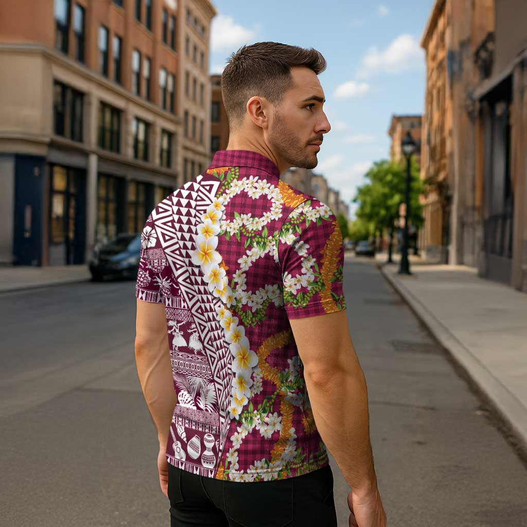 Hawaiian Plumeria Lei Zipper Polo Shirt Kakau Motifs and Palaka Half Style Pink Color LT03 - Polynesian Pride