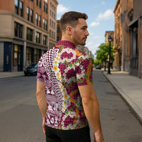 Hawaiian Plumeria Lei Zipper Polo Shirt Kakau Motifs and Palaka Half Style Pink Color LT03 - Polynesian Pride