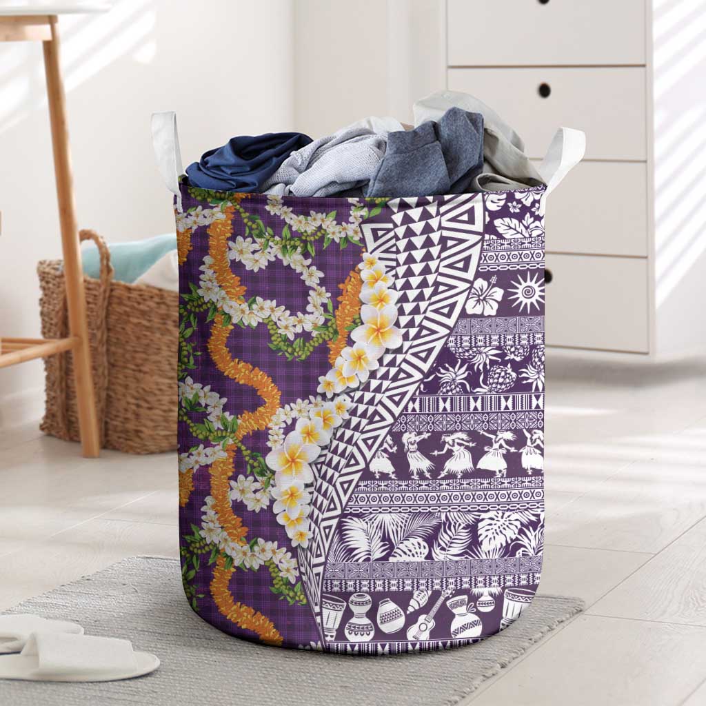 Hawaiian Plumeria Lei Laundry Basket Kakau Motifs and Palaka Half Style Purple Color LT03 Purple - Polynesian Pride