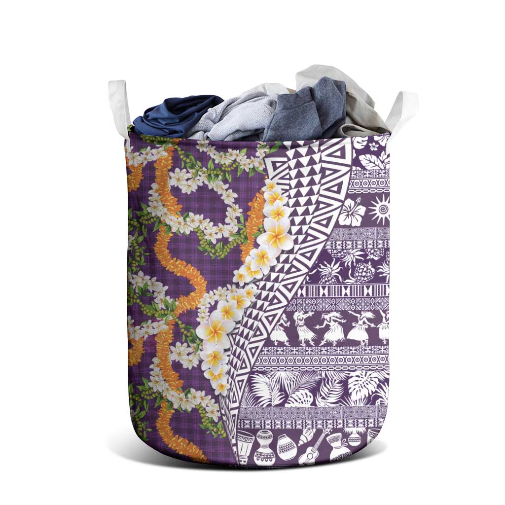 Hawaiian Plumeria Lei Laundry Basket Kakau Motifs and Palaka Half Style Purple Color LT03 - Polynesian Pride