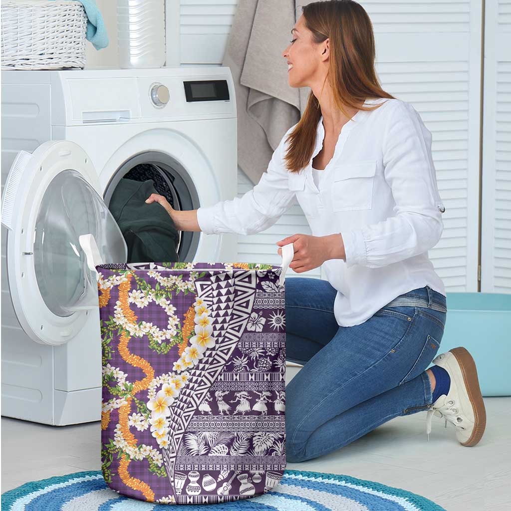Hawaiian Plumeria Lei Laundry Basket Kakau Motifs and Palaka Half Style Purple Color LT03 - Polynesian Pride