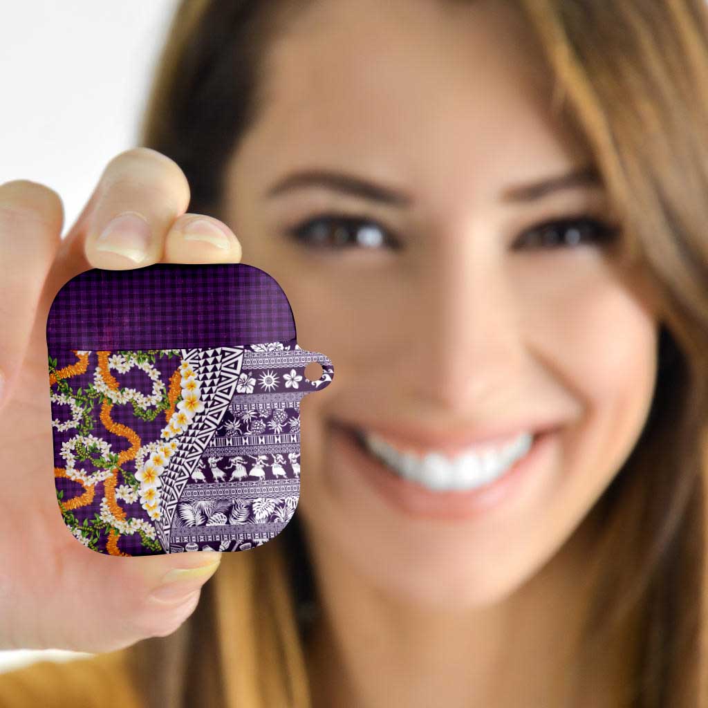 Hawaiian Plumeria Lei AirPods Case Kakau Motifs and Palaka Half Style Purple Color LT03 - Polynesian Pride