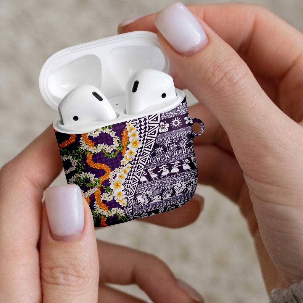 Hawaiian Plumeria Lei AirPods Case Kakau Motifs and Palaka Half Style Purple Color LT03 - Polynesian Pride