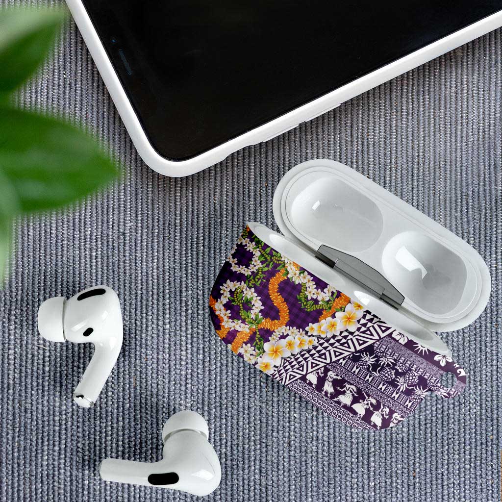 Hawaiian Plumeria Lei AirPods Case Kakau Motifs and Palaka Half Style Purple Color LT03 - Polynesian Pride