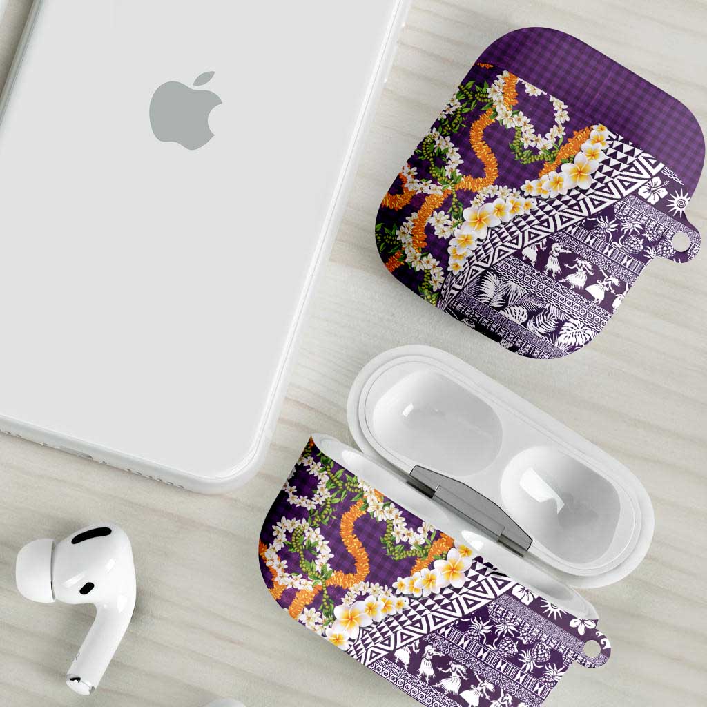 Hawaiian Plumeria Lei AirPods Case Kakau Motifs and Palaka Half Style Purple Color LT03 - Polynesian Pride