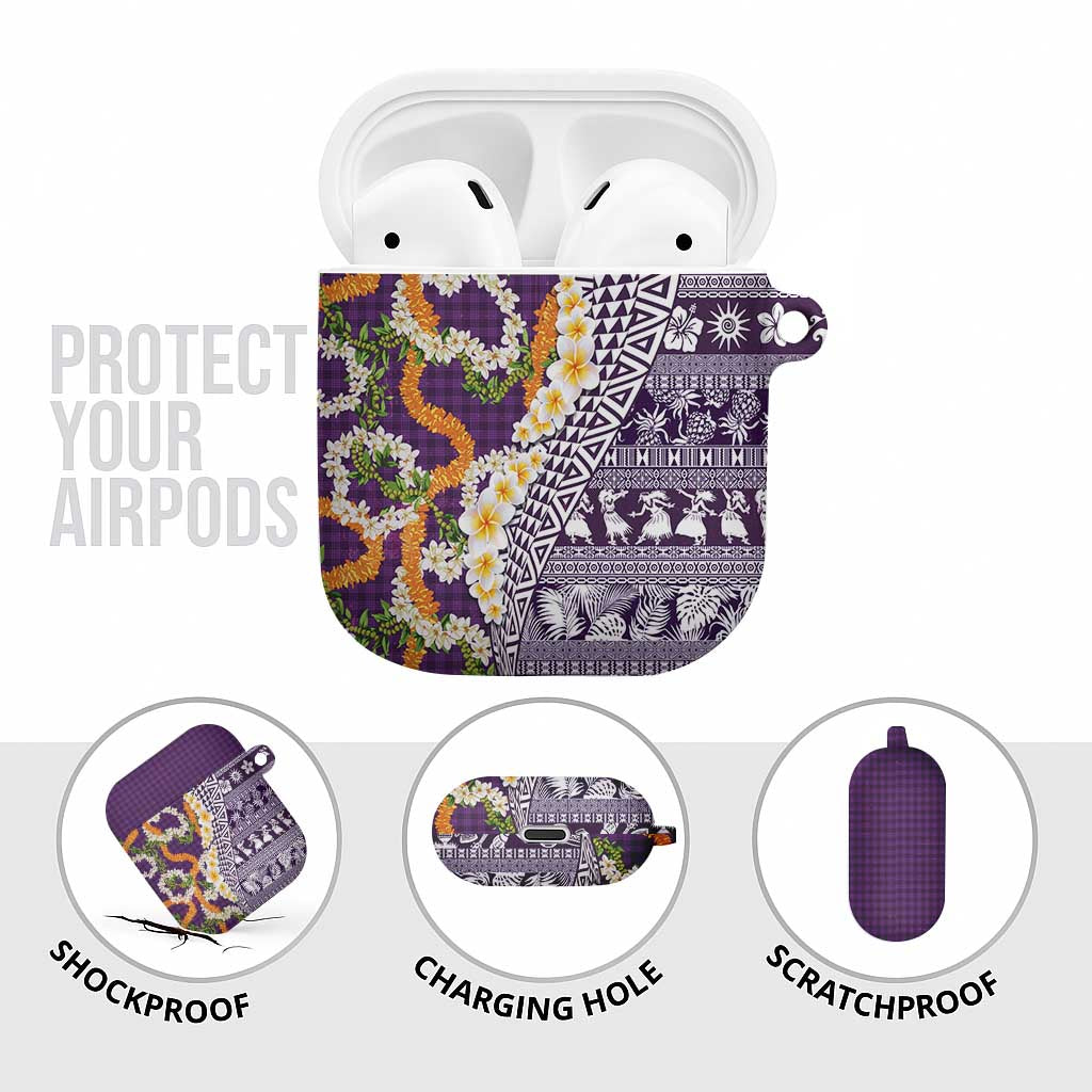 Hawaiian Plumeria Lei AirPods Case Kakau Motifs and Palaka Half Style Purple Color LT03 - Polynesian Pride