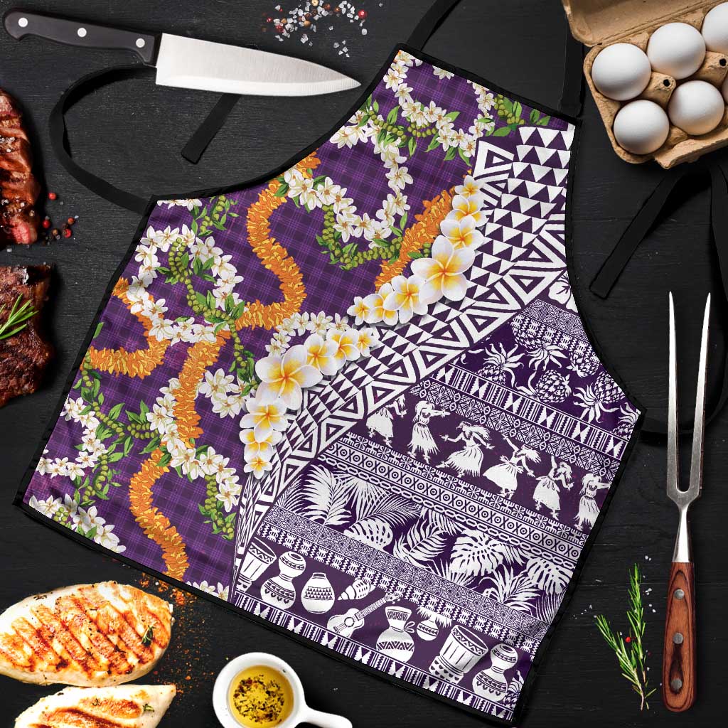 Hawaiian Plumeria Lei Apron Kakau Motifs and Palaka Half Style Purple Color LT03 Purple - Polynesian Pride