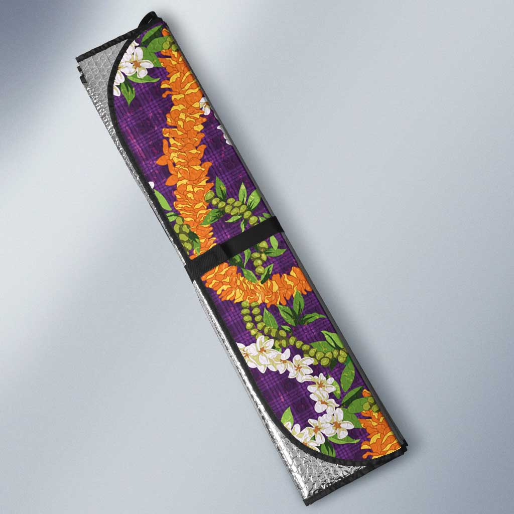Hawaiian Plumeria Lei Auto Sun Shade Kakau Motifs and Palaka Half Style Purple Color LT03 - Polynesian Pride