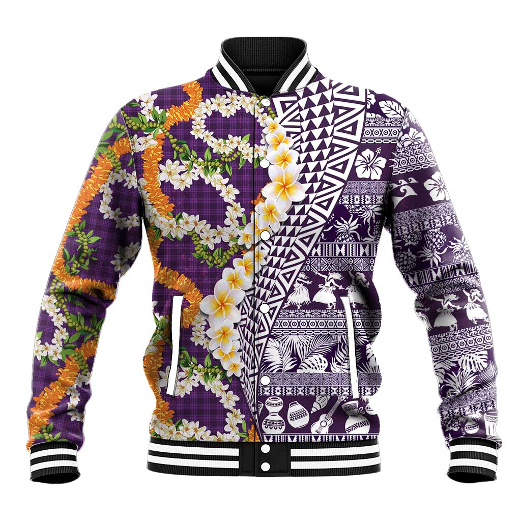 Hawaiian Plumeria Lei Baseball Jacket Kakau Motifs and Palaka Half Style Purple Color LT03 Unisex Purple - Polynesian Pride