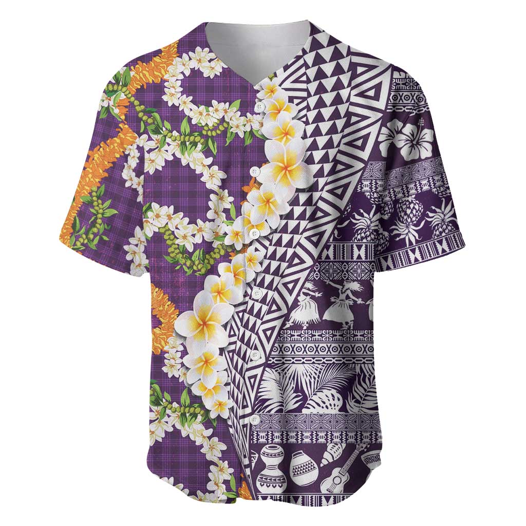Hawaiian Plumeria Lei Baseball Jersey Kakau Motifs and Palaka Half Style Purple Color LT03 Purple - Polynesian Pride