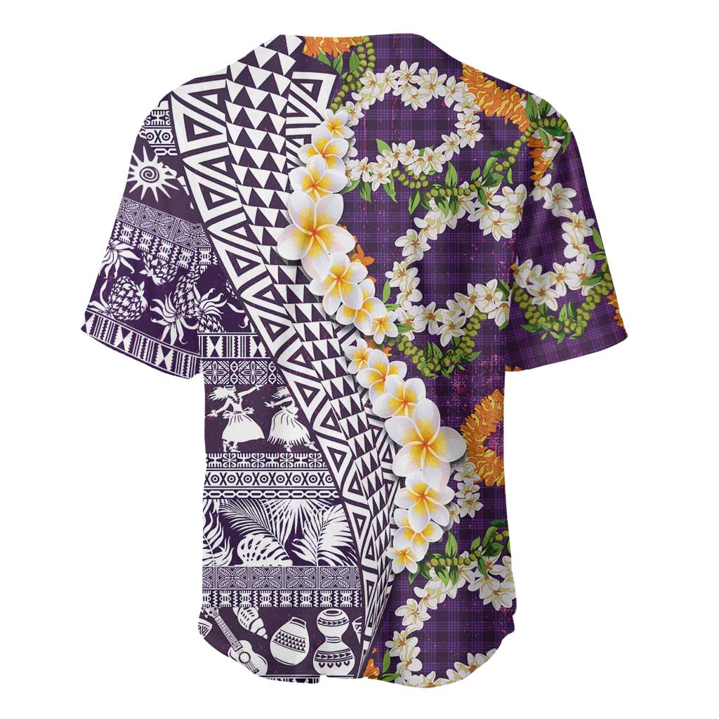 Hawaiian Plumeria Lei Baseball Jersey Kakau Motifs and Palaka Half Style Purple Color LT03 - Polynesian Pride