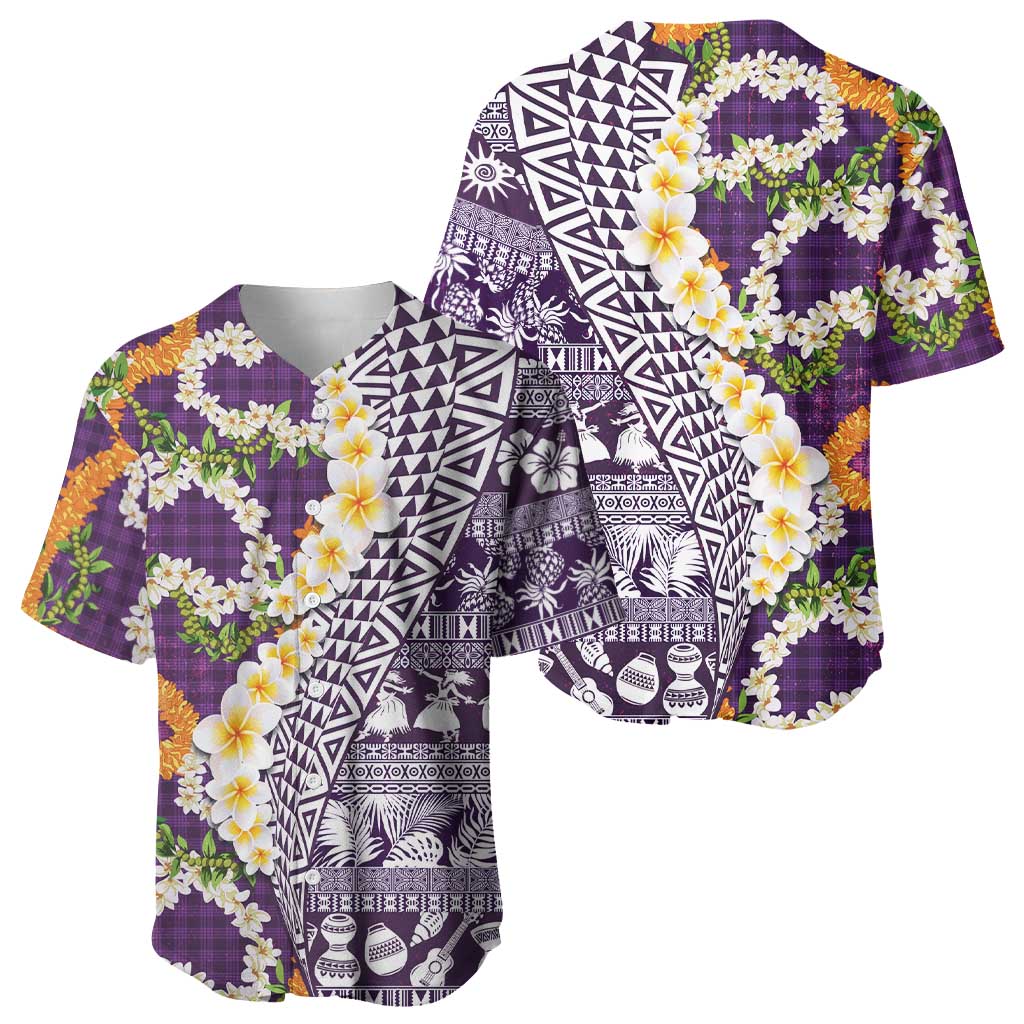 Hawaiian Plumeria Lei Baseball Jersey Kakau Motifs and Palaka Half Style Purple Color LT03 - Polynesian Pride