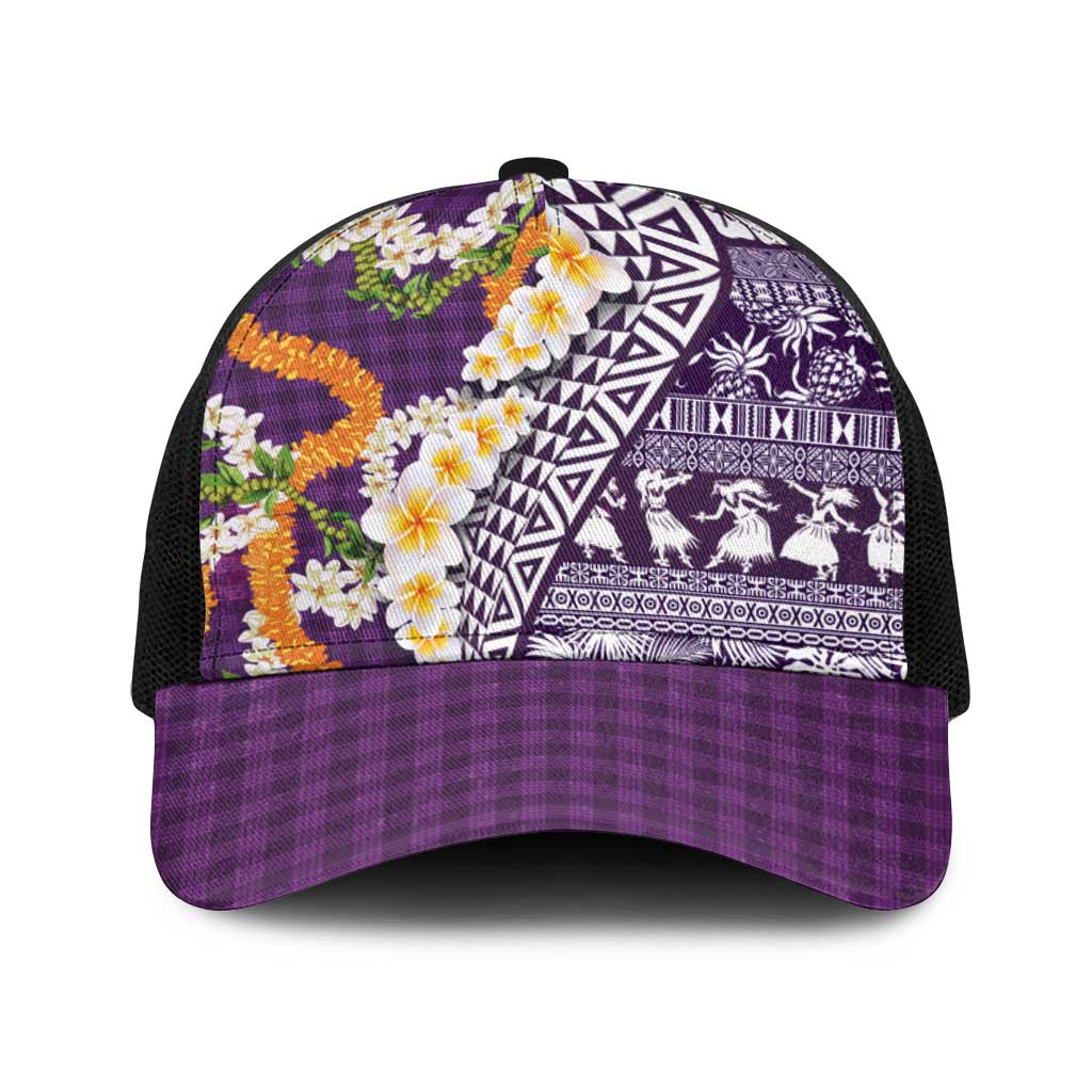 Hawaiian Plumeria Lei Baseball Net Cap Kakau Motifs and Palaka Half Style Purple Color - Polynesian Pride