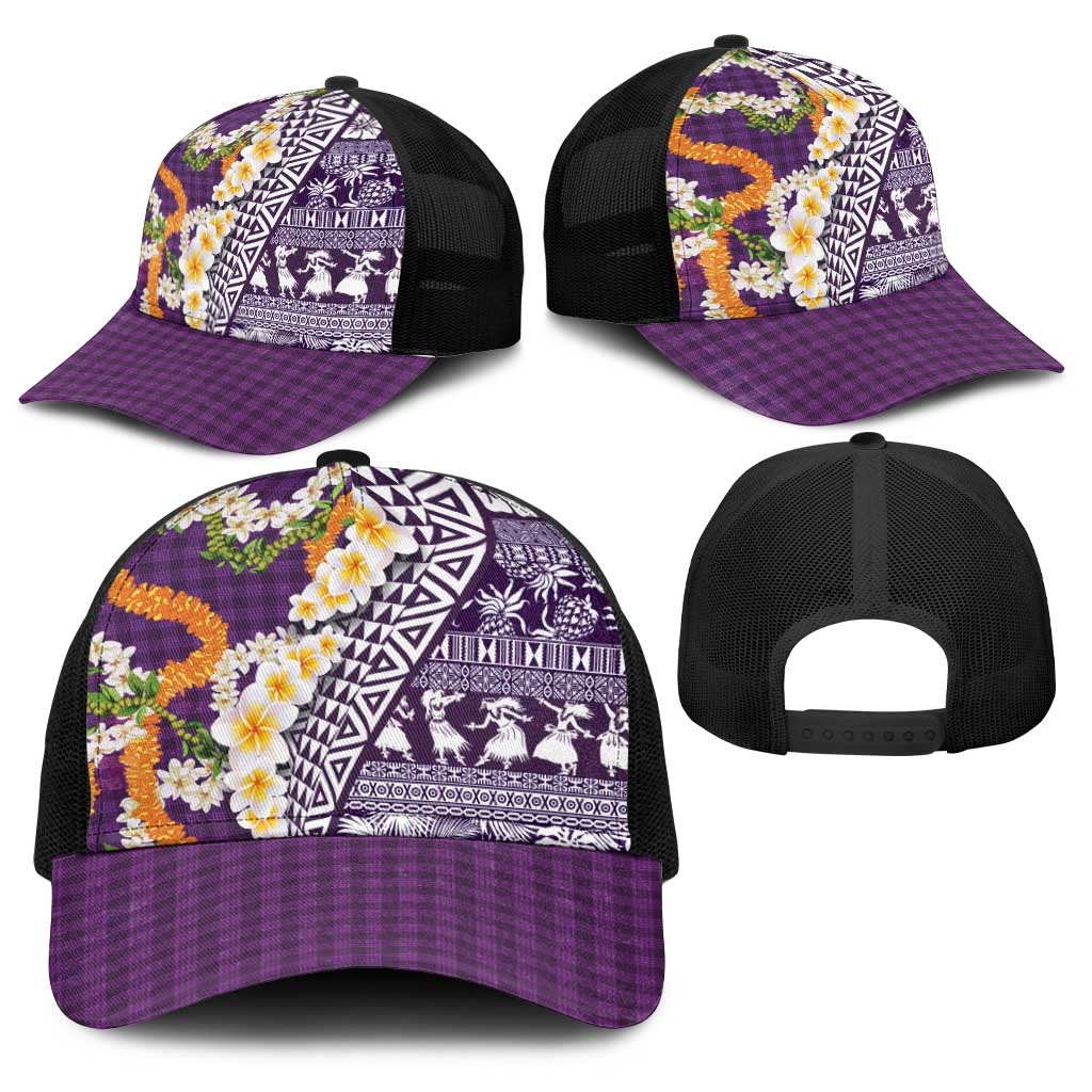 Hawaiian Plumeria Lei Baseball Net Cap Kakau Motifs and Palaka Half Style Purple Color LT03 - Polynesian Pride
