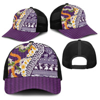 Hawaiian Plumeria Lei Baseball Net Cap Kakau Motifs and Palaka Half Style Purple Color LT03 - Polynesian Pride
