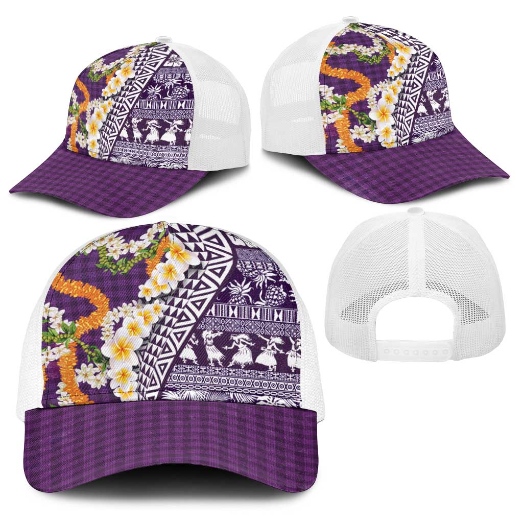 Hawaiian Plumeria Lei Baseball Net Cap Kakau Motifs and Palaka Half Style Purple Color LT03 - Polynesian Pride