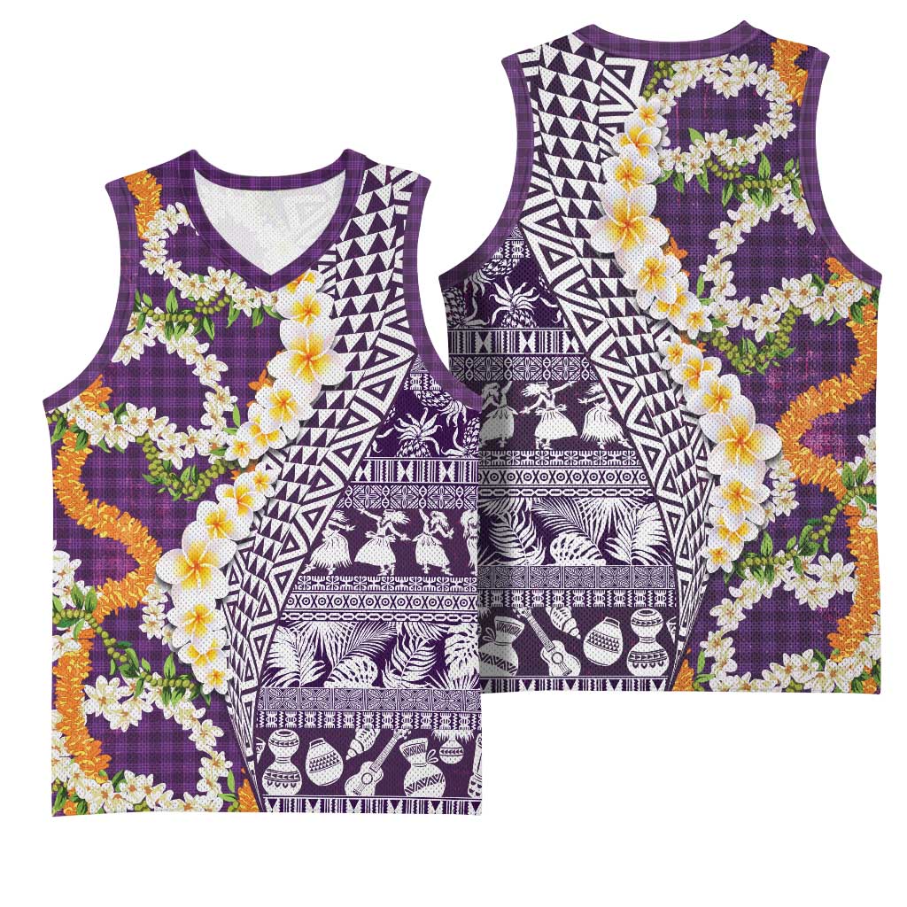 Hawaiian Plumeria Lei Basketball Jersey Kakau Motifs and Palaka Half Style Purple Color LT03 - Polynesian Pride