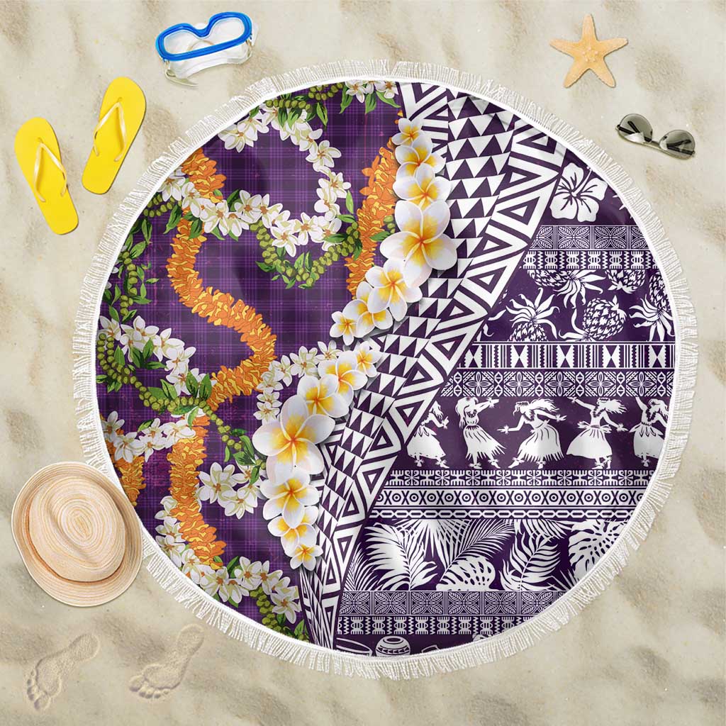Hawaiian Plumeria Lei Beach Blanket Kakau Motifs and Palaka Half Style Purple Color LT03 One Size 150cm Purple - Polynesian Pride