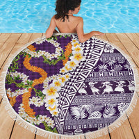 Hawaiian Plumeria Lei Beach Blanket Kakau Motifs and Palaka Half Style Purple Color LT03 - Polynesian Pride