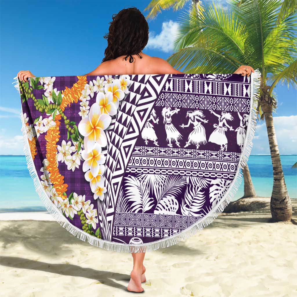 Hawaiian Plumeria Lei Beach Blanket Kakau Motifs and Palaka Half Style Purple Color LT03 - Polynesian Pride