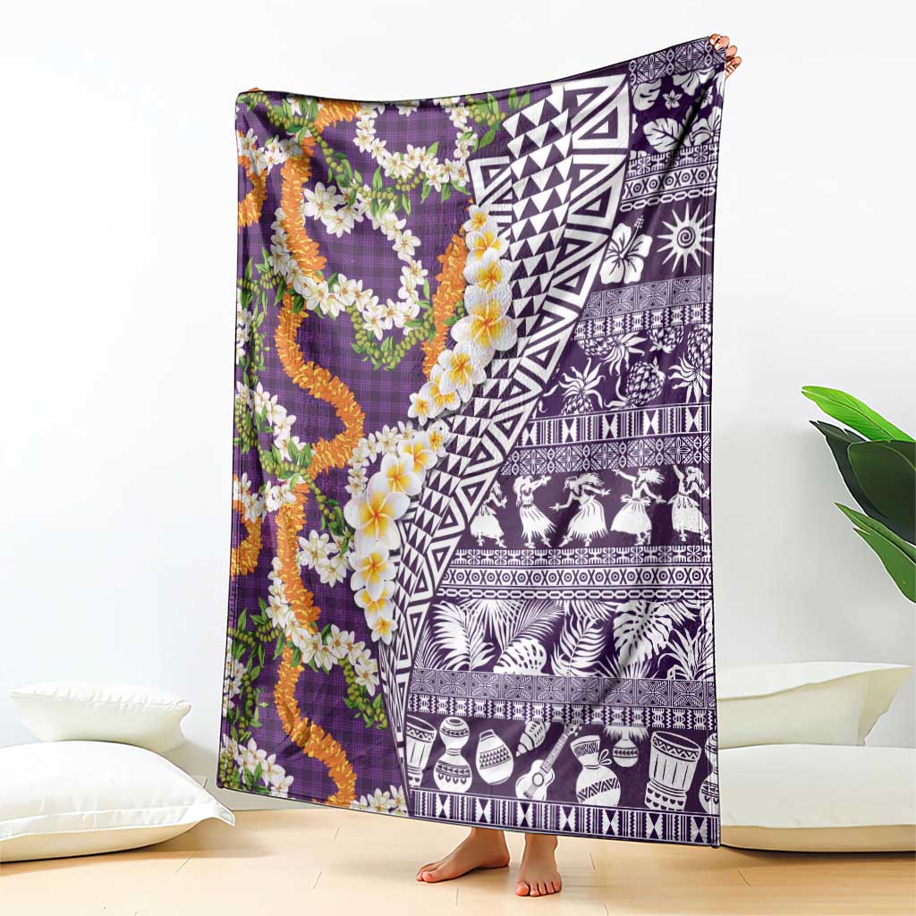 Hawaiian Plumeria Lei Blanket Kakau Motifs and Palaka Half Style Purple Color LT03 - Polynesian Pride