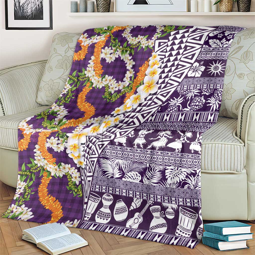 Hawaiian Plumeria Lei Blanket Kakau Motifs and Palaka Half Style Purple Color LT03 - Polynesian Pride
