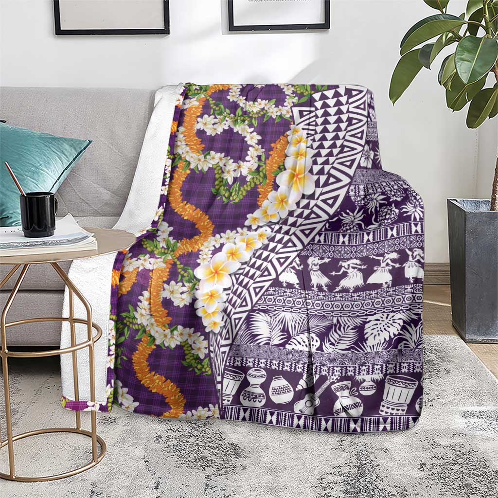 Hawaiian Plumeria Lei Blanket Kakau Motifs and Palaka Half Style Purple Color LT03 - Polynesian Pride