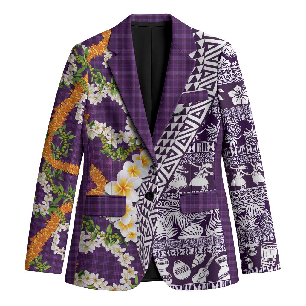 Hawaiian Plumeria Lei Blazer Kakau Motifs and Palaka Half Style Purple Color LT03 Unisex Purple - Polynesian Pride