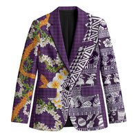 Hawaiian Plumeria Lei Blazer Kakau Motifs and Palaka Half Style Purple Color LT03 Unisex Purple - Polynesian Pride