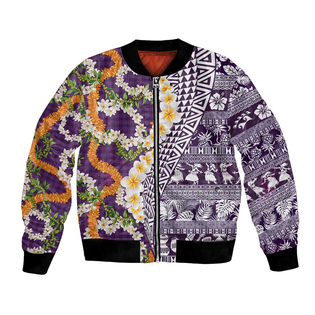 Hawaiian Plumeria Lei Bomber Jacket Kakau Motifs and Palaka Half Style Purple Color LT03 Unisex Purple - Polynesian Pride