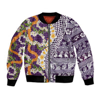 Hawaiian Plumeria Lei Bomber Jacket Kakau Motifs and Palaka Half Style Purple Color LT03 Unisex Purple - Polynesian Pride