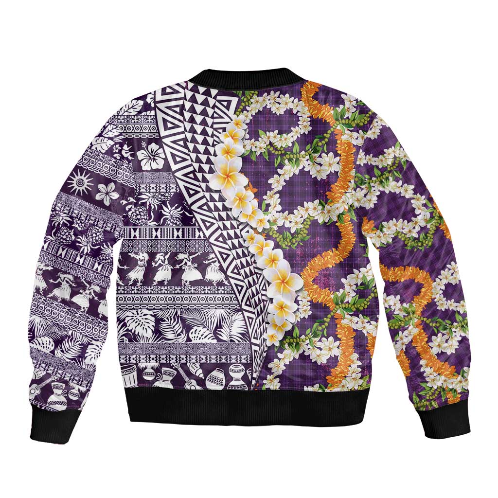 Hawaiian Plumeria Lei Bomber Jacket Kakau Motifs and Palaka Half Style Purple Color LT03 - Polynesian Pride