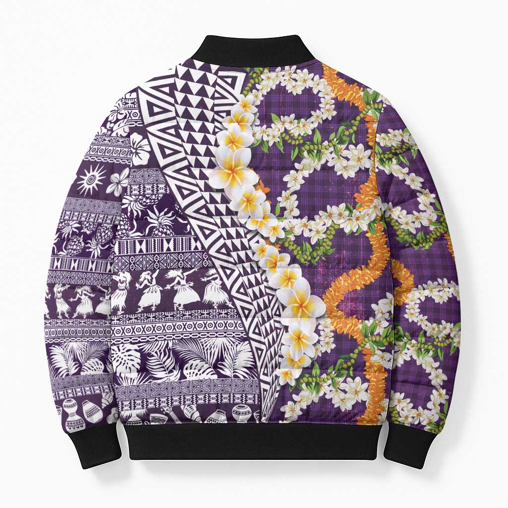 Hawaiian Plumeria Lei Bomber Puffer Jacket Kakau Motifs and Palaka Half Style Purple Color LT03 - Polynesian Pride